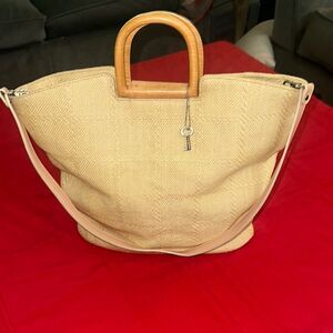 Fossil Elegant Tan Woven Tote Bag with Wooden Handles and Long Strap